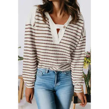 Stripe Textured Hooded V Neck Casual Long Sleeve Top
