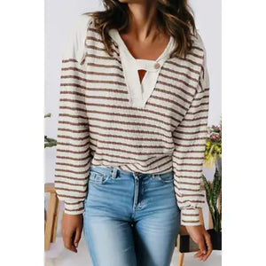 Stripe Textured Hooded V Neck Casual Long Sleeve Top