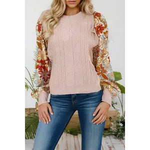 Cable Knit Ruffle Floral Sleeve Patchwork Sweater