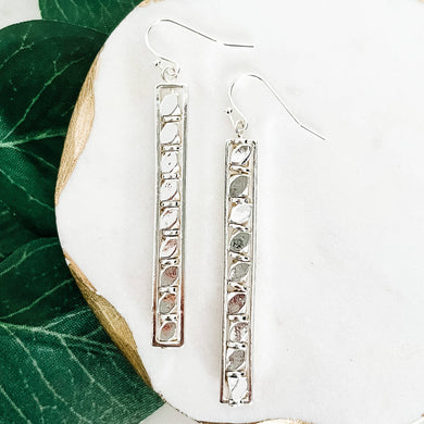 Metal Beaded Bar Earrings-Silver