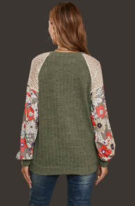 Floral Patchwork Long Sleeve Ribbed Blouse