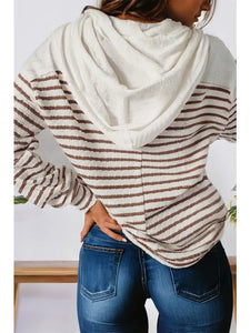 Stripe Textured Hooded V Neck Casual Long Sleeve Top