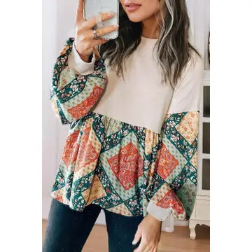 Paisley Geometric Patchwork Crew Neck Loose Fit Top