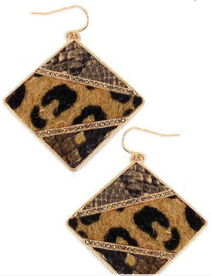 Diamond Shape Leather Python Rhinestone Earrings