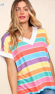 V Neck Drop Shoulder Short Sleeve Multi Color Stripe Thermal Knit