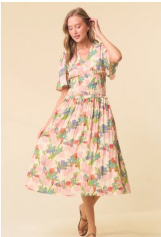Floral Print Plunging V-Neck Smocked Dress
