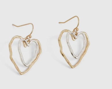 Mixed Metal Double Heart Dangle Earrings