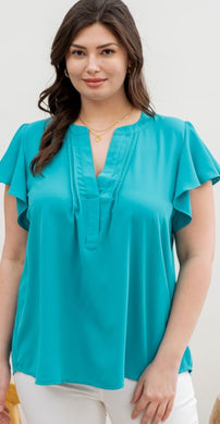 Pleated Split Neck Flutter Sleeve Top