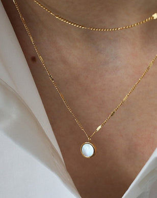 Double Stainless Steel Chain Necklace With Single Dainty Opal Pendant