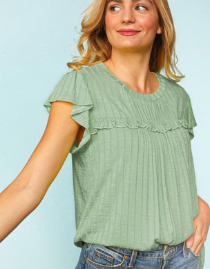 Round Neck Frilled Short Sleeve Shirred Yoke Top