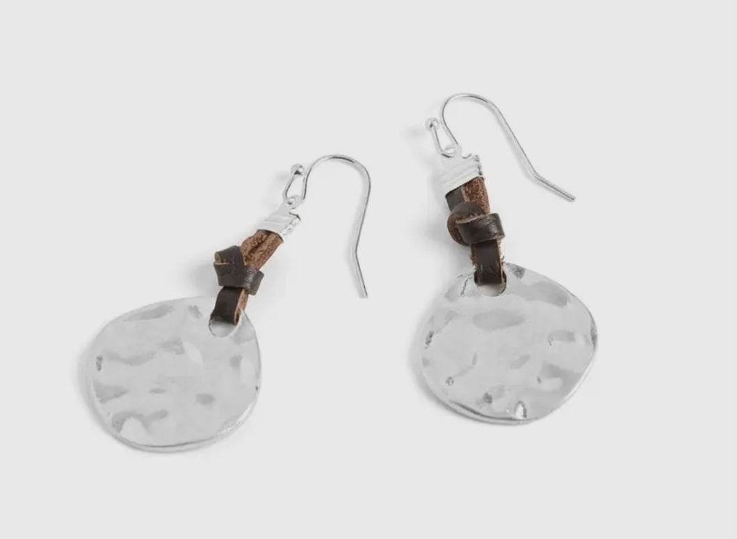 Leather Knot Hammered Disc Earrings