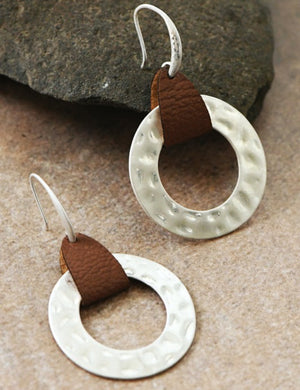 Hammered Circle Earrings with Leather Accent