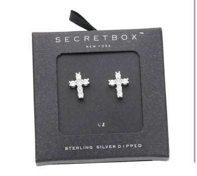 Secret Box Sterling Silver Dipped CZ Cross Earrings