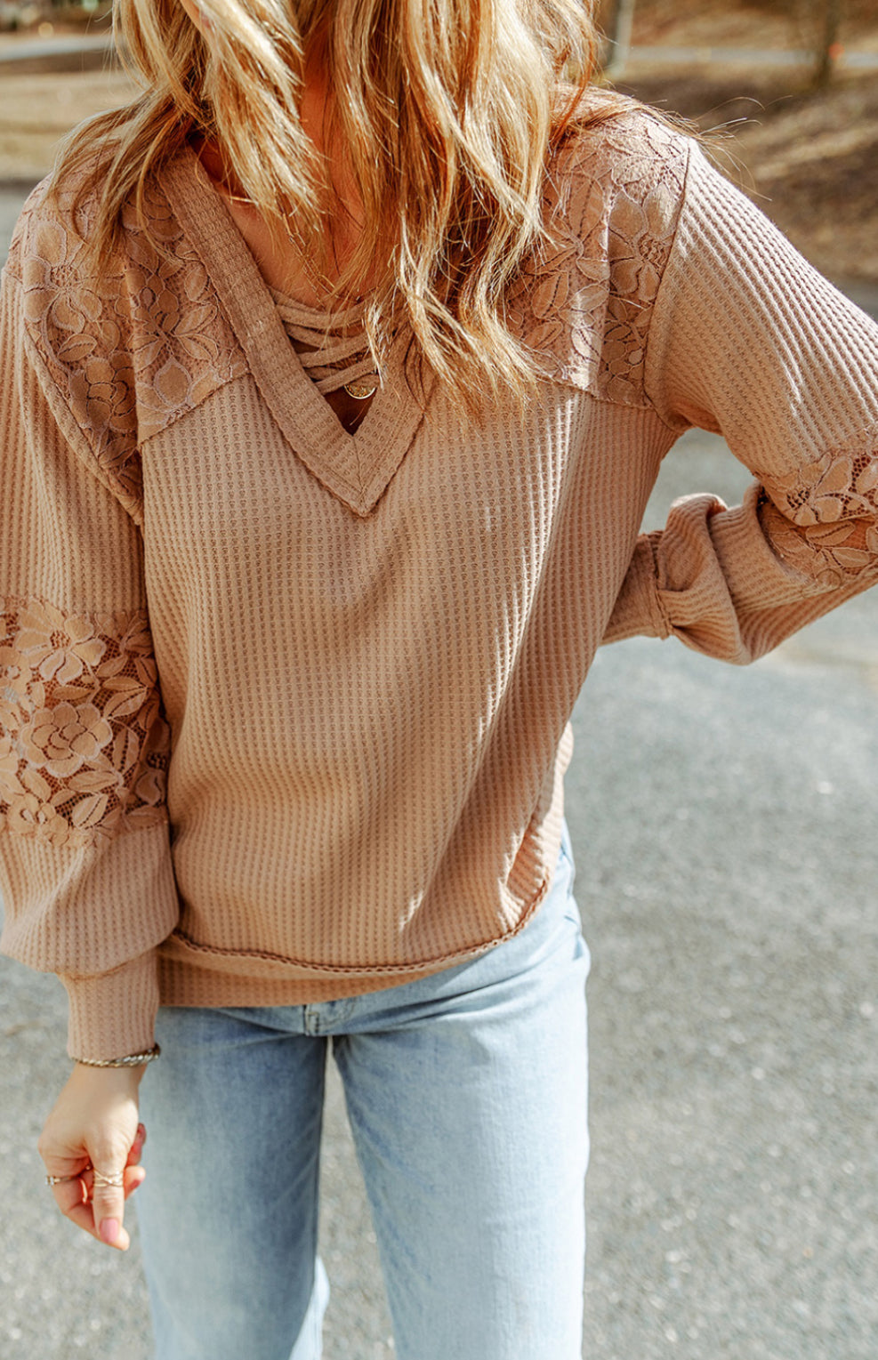 Lace Waffle Patchwork Strappy Long Sleeve Top