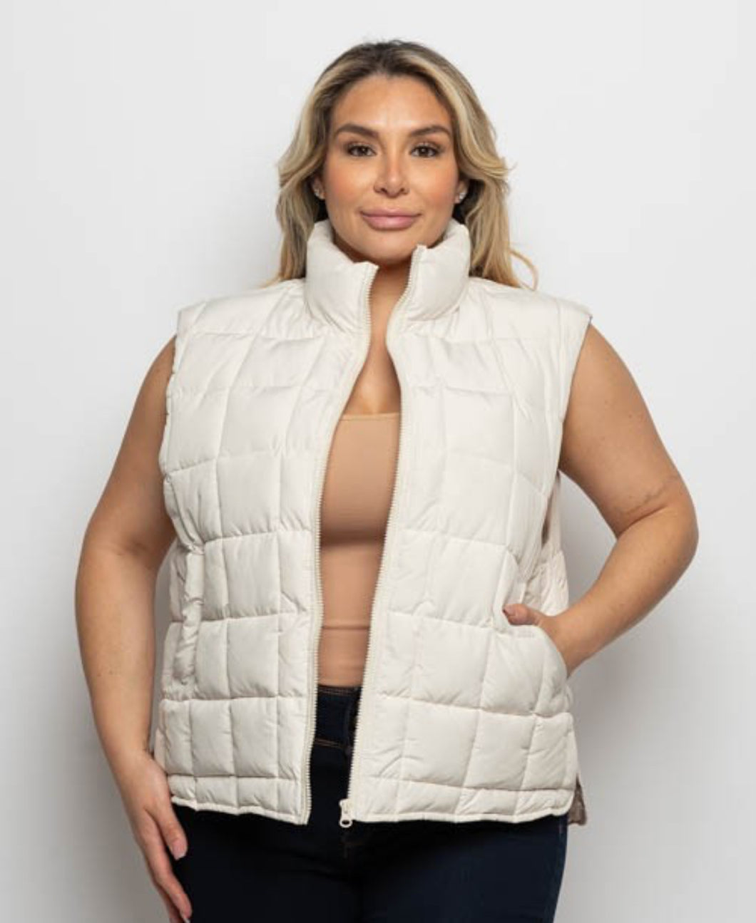 Plus Size Quilted Zip Front High Neck With
Side Pockets