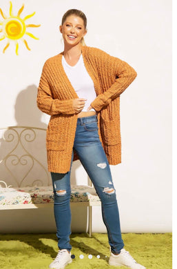 Ribbed Popcorn Long Open Cardigan With Pockets
