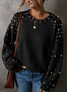 Long Sleeve Round Pearl Pullover Sweater