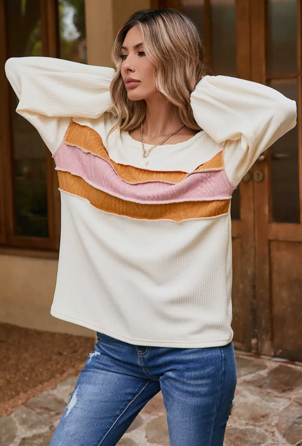 Corded Exposed Seam Knit Patchwork Drop Sleeve