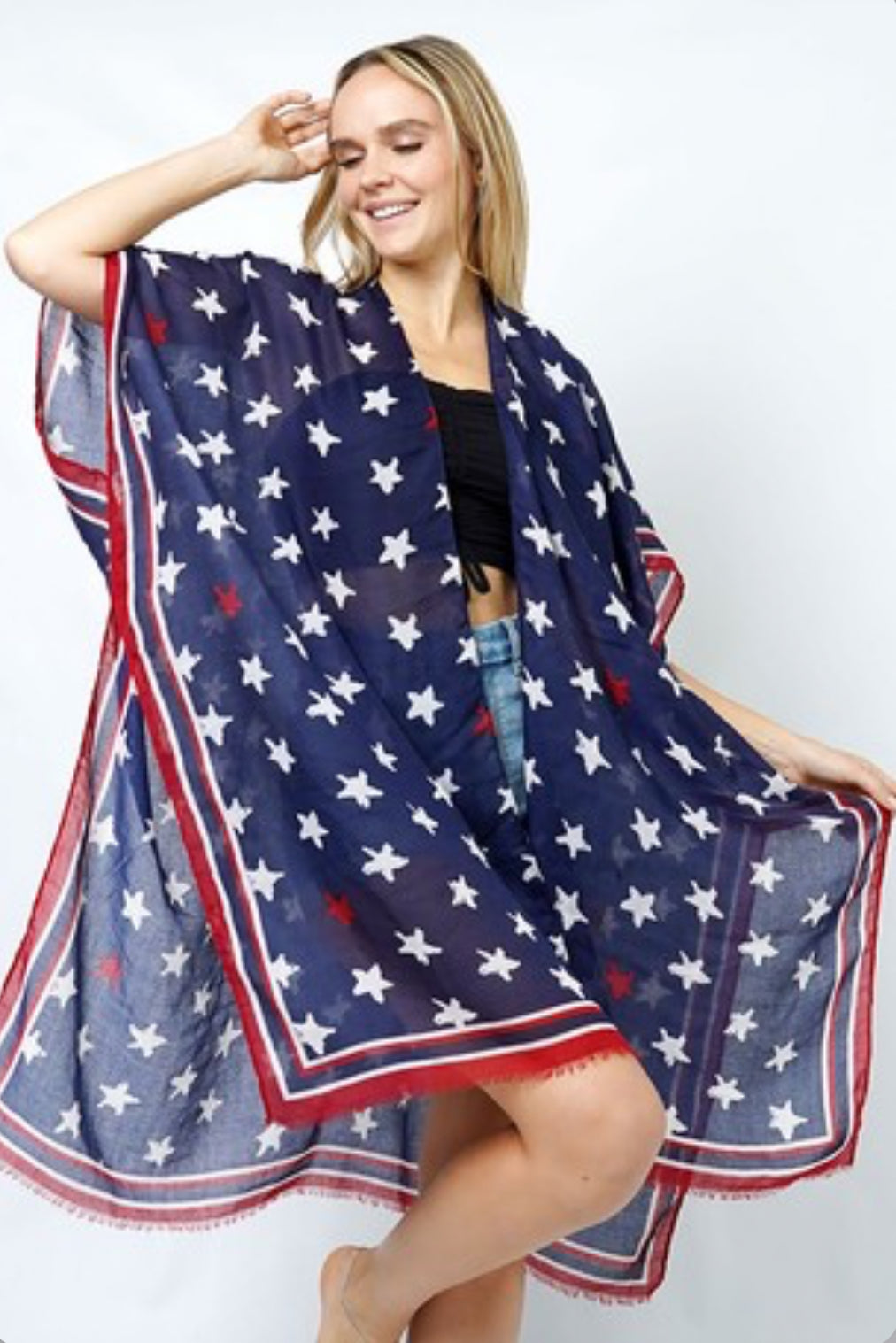 American USA Star Print Kimono Poncho