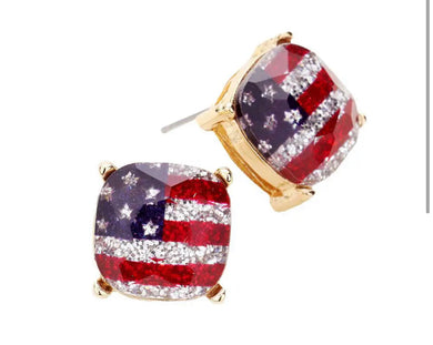 American USA Flag Glitter Square Earrings