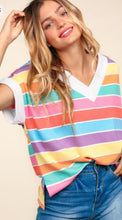 V Neck Drop Shoulder Short Sleeve Multi Color Stripe Thermal Knit