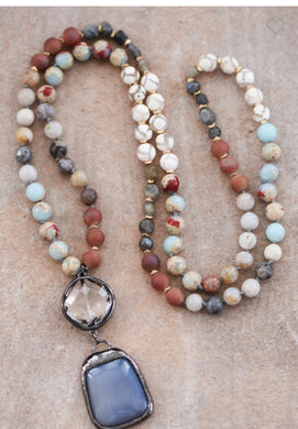 Natural Stone Bead Necklace With Stone Pendant