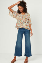 Womens Floral Chiffon V Neck Gathered Detail Top