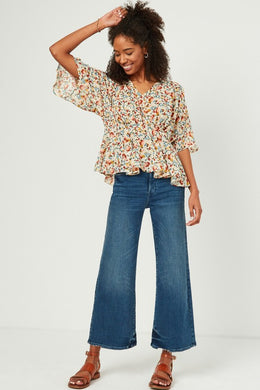 Womens Floral Chiffon V Neck Gathered Detail Top