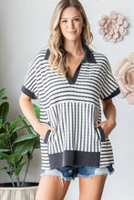 SHORT SLEEVE SOLID STRIPE COLLAR TOP
