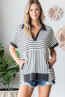 SHORT SLEEVE SOLID STRIPE COLLAR TOP