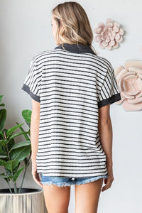 SHORT SLEEVE SOLID STRIPE COLLAR TOP