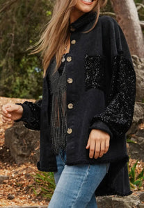 Sequin Pocket and Sleeve distressed hem detail. Button down