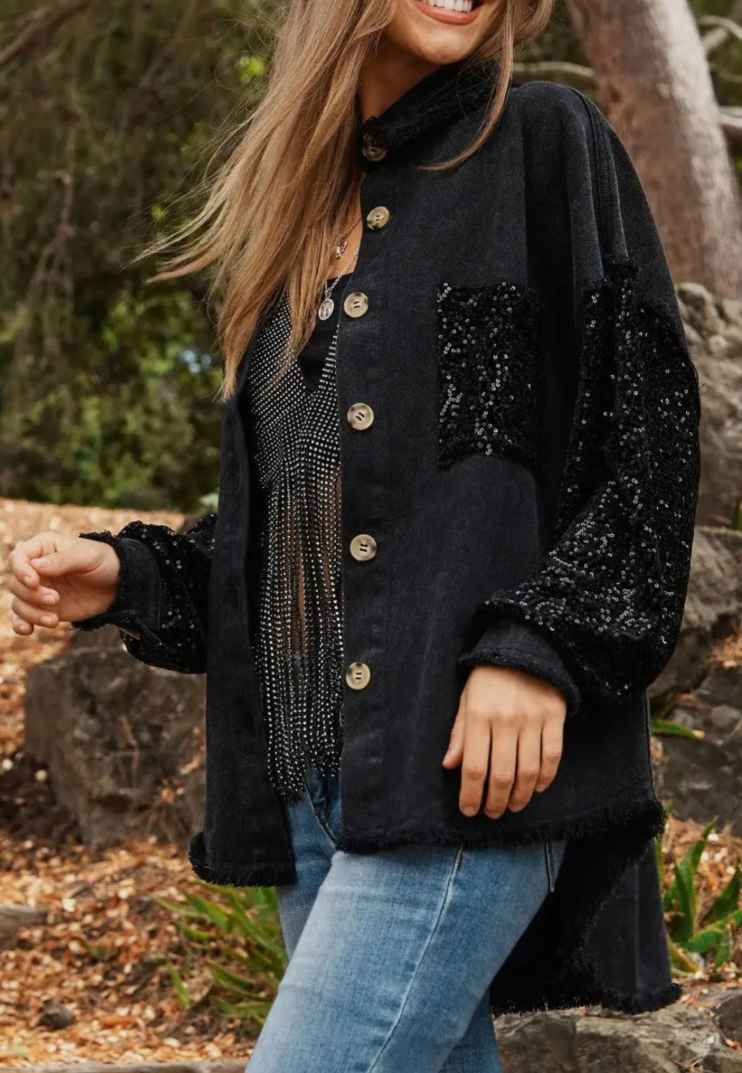 Sequin Pocket and Sleeve distressed hem detail. Button down