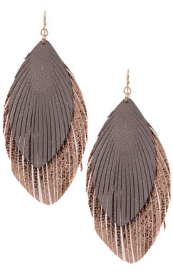 Layered Faux Leather Feather Drop Earrings