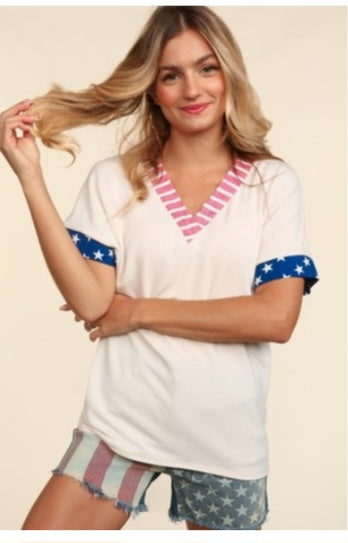 Patriotic American Flag V Neck Banded Star and Stripe Color Block Dolan Shirt