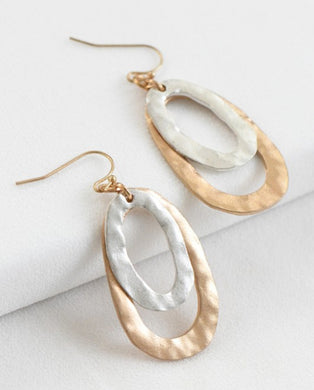 Gold and Silver Hammered Metal Oval Drop Earrings