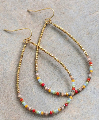 Teardrop Wire Beaded Earrings with Glass Crystals