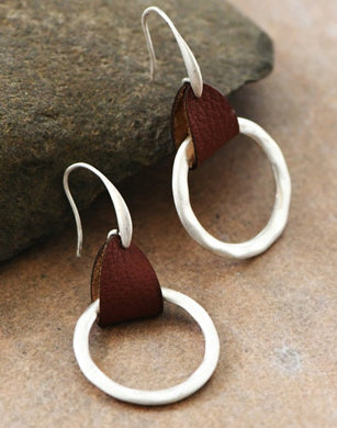 Hammered Circle Earrings with Leather Accent