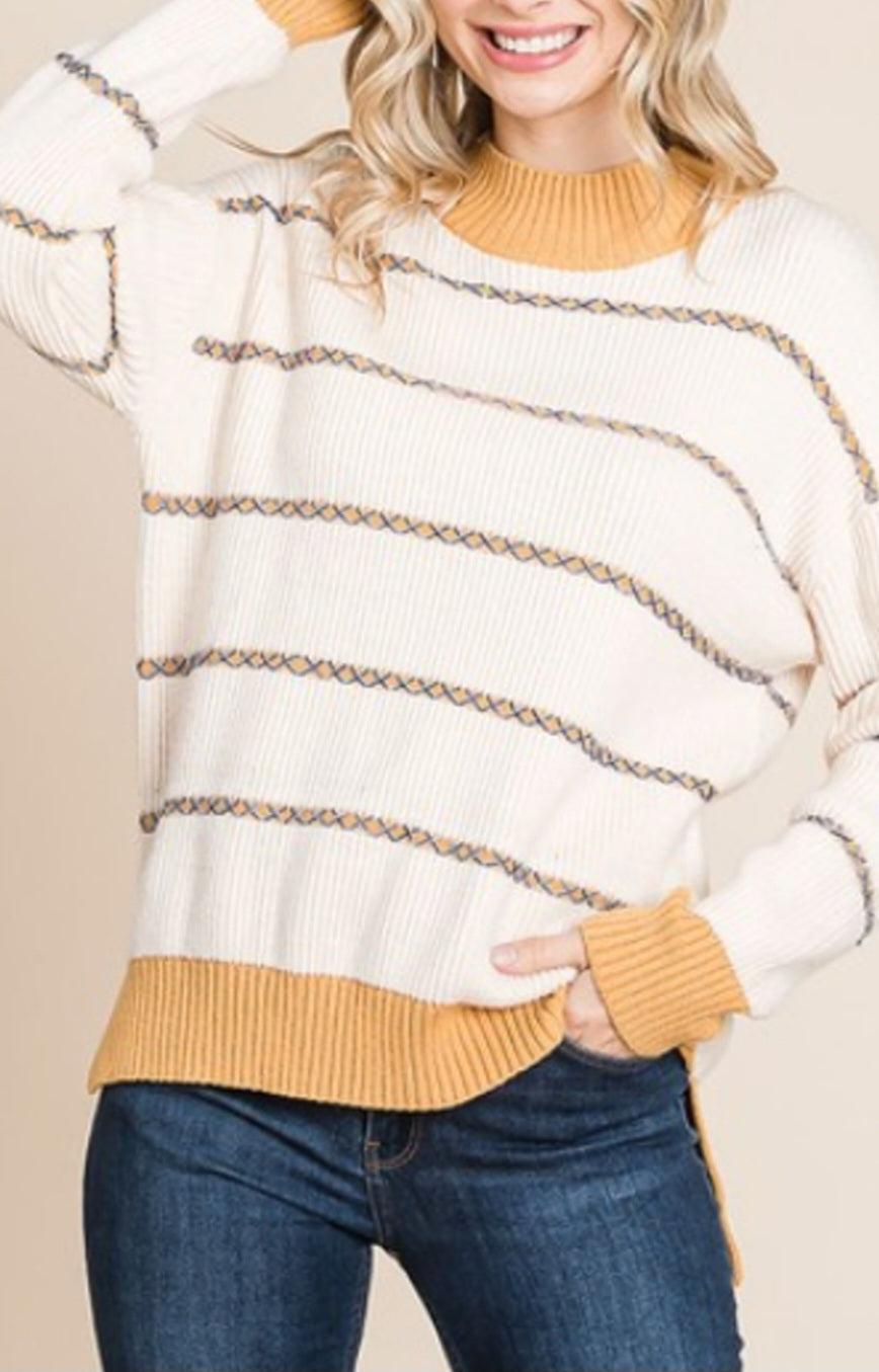 Threaded Stripe Mock Neck Sweater