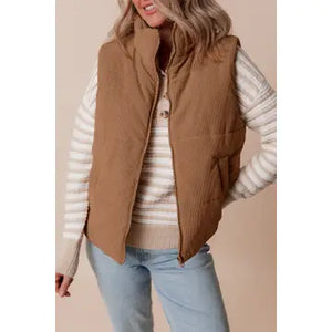 Women's Corduroy Stand Neck Zipped Vest