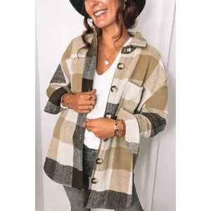 Plaid Colorblock Buttoned Long Sleeve Pocket Jacket