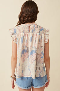 Watercolor Smocked Yoke Ruffled Tank