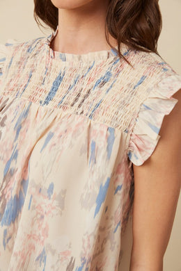 Watercolor Smocked Yoke Ruffled Tank