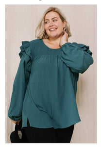 Round Neck, Long Sleeves with Ruffled Shoulders, Smocked Yoke, Solid Woven Top