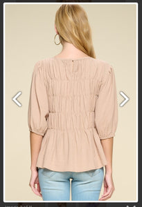 Round Neck, Elbow Sleeves, Solid Woven Tiered Top