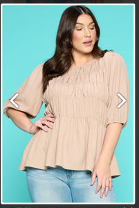Round Neck, Elbow Sleeves, Solid Woven Tiered Top