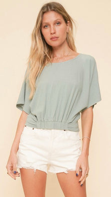 GATHERED HEM KIMONO SLEEVE RIB TOP