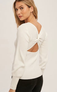 TWIST BACK DETAILED RIB BUBBLE SLEEVE SWEATER TOP