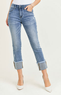 RAW HEM CUFFED SLIM STRAIGHT JEANS