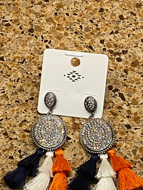 Crystal Pave Orange & Navy Tassel Fringe Earrings